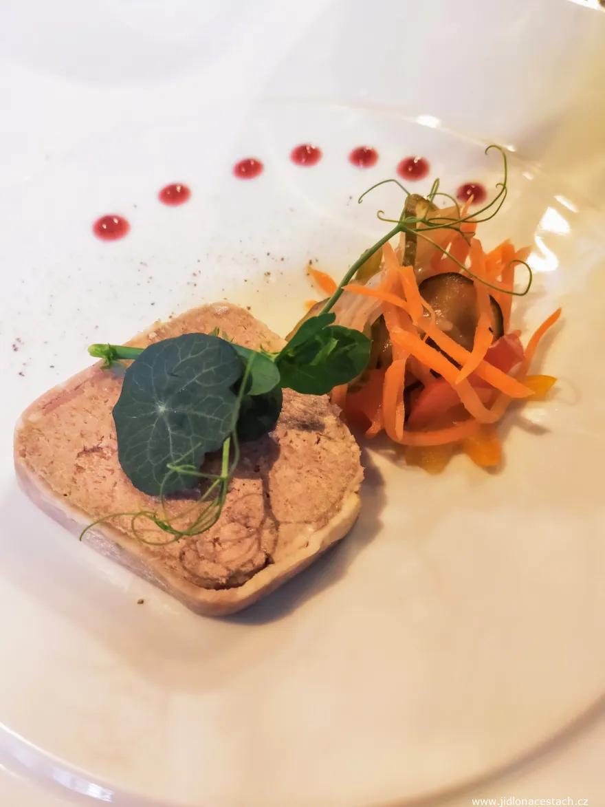 Game pâté with vegetables pickled in sherry vinegar and cranberry glaze