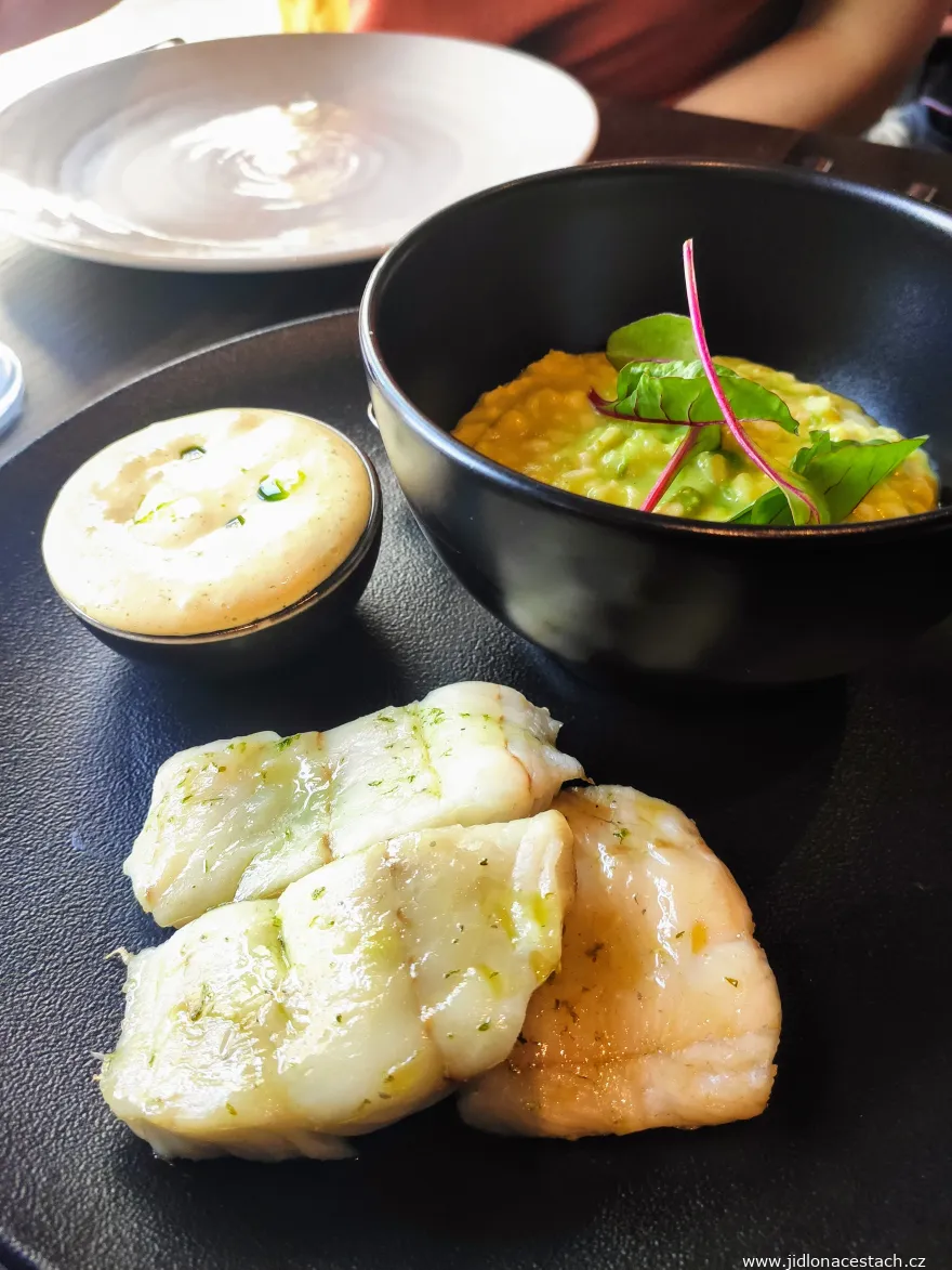 Restaurace Mlýnec: treska tmavá s hráškovým rizotem a bernskou omáčkou. Restaurace Mlýnec: treska tmavá s hráškovým rizotem a bernskou omáčkou.