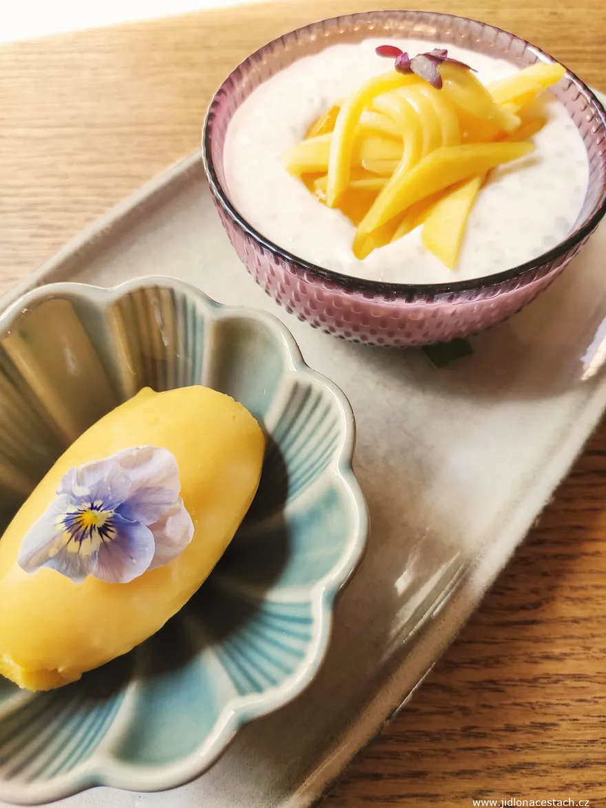 Restaurace V Zátiší: tapiokový puding, mangový sorbet.