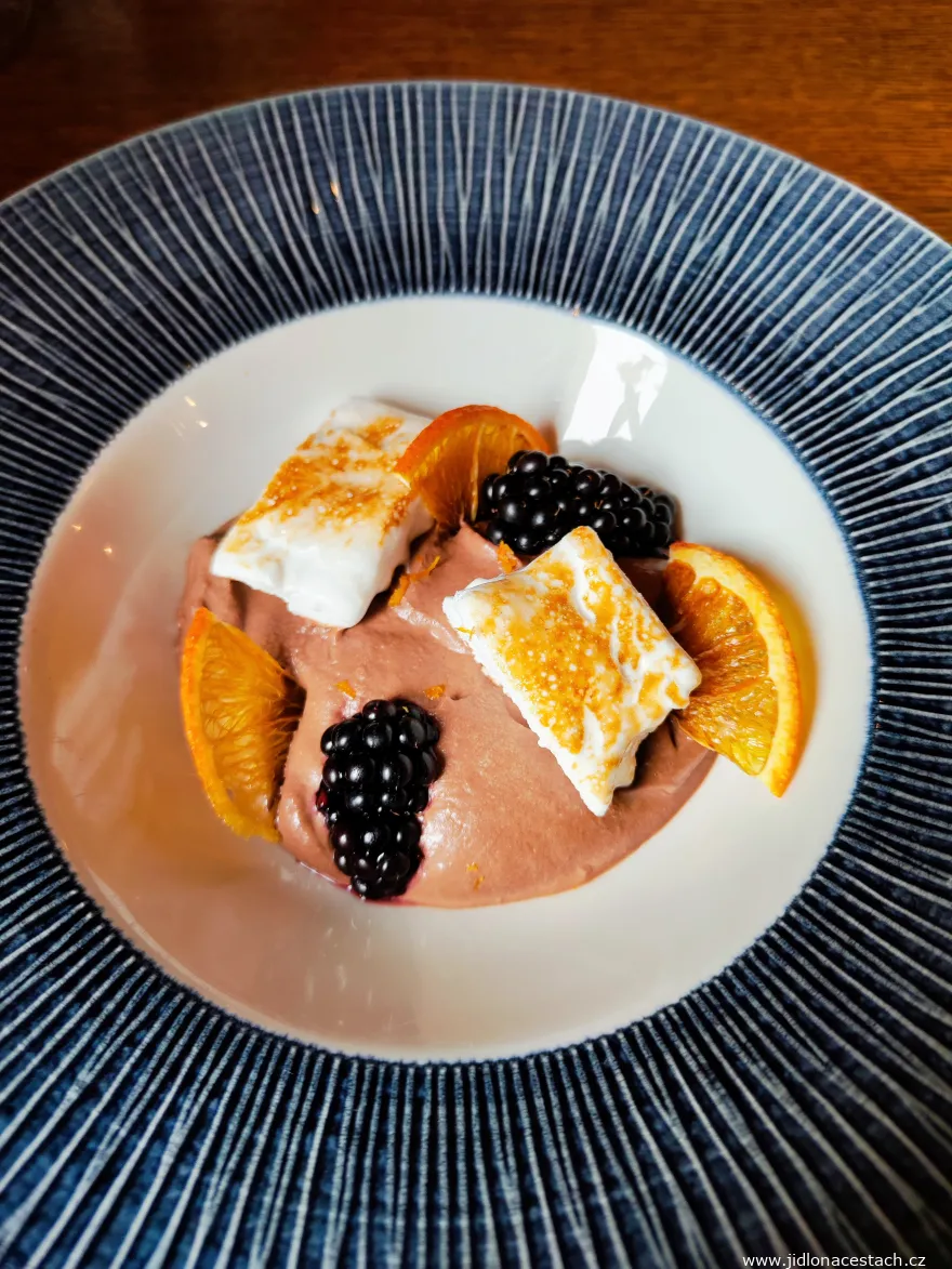 V Zátiší Restaurant: chocolate mousse with flambéed marshmallow, dried orange, and fresh blackberries.