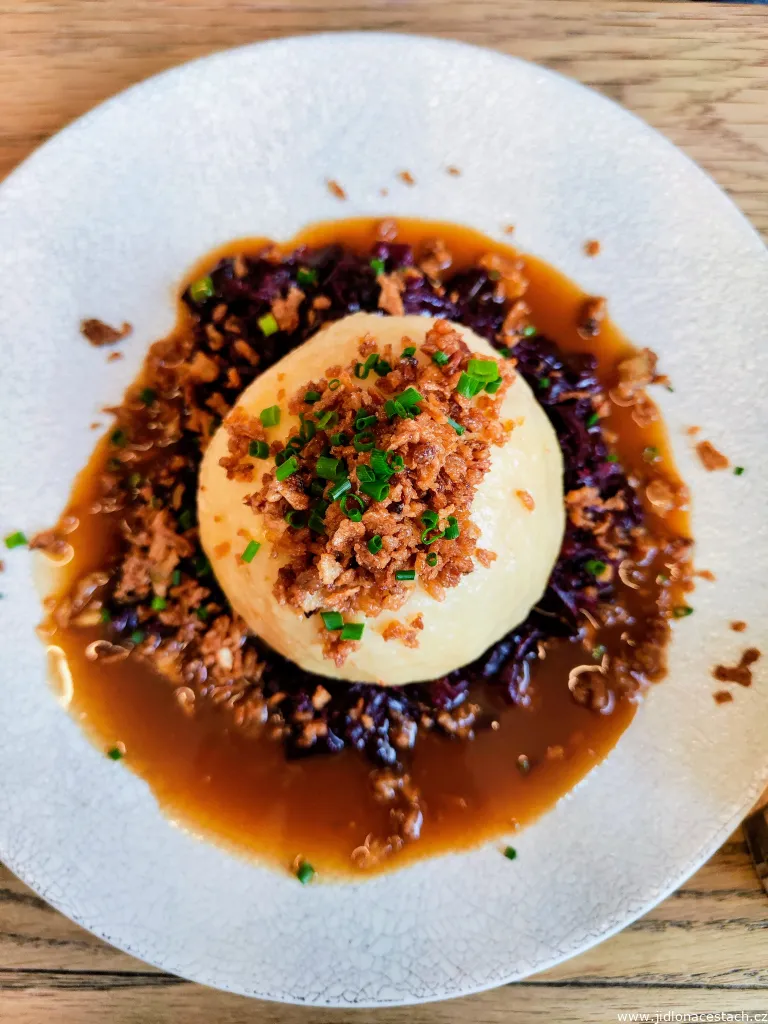Potato dumpling filled with smoked rib and red cabbage Potato dumpling filled with smoked rib and red cabbage