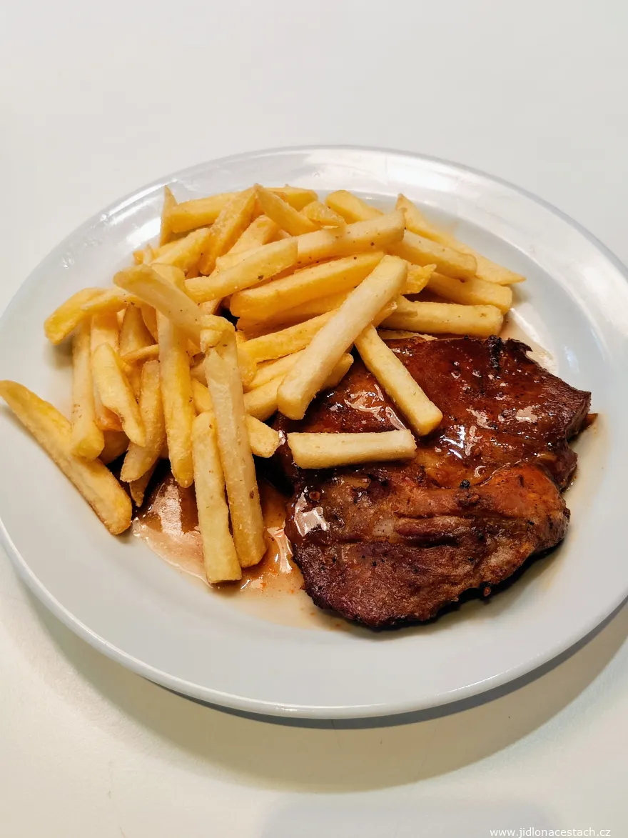 IKEA Restaurant: pork neck with French fries. IKEA Restaurant: pork neck with French fries.