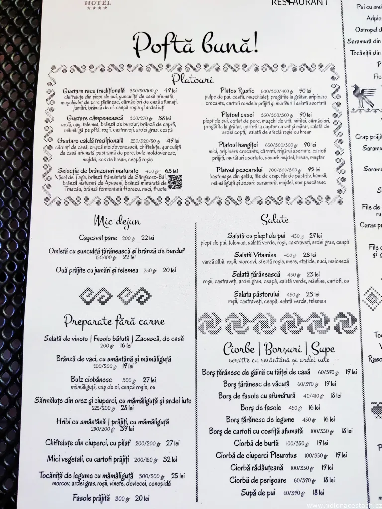 Ceny jídel v špičkové restauraci Rustic (podzim 2022). 1 LEI = cca 5 Kč.