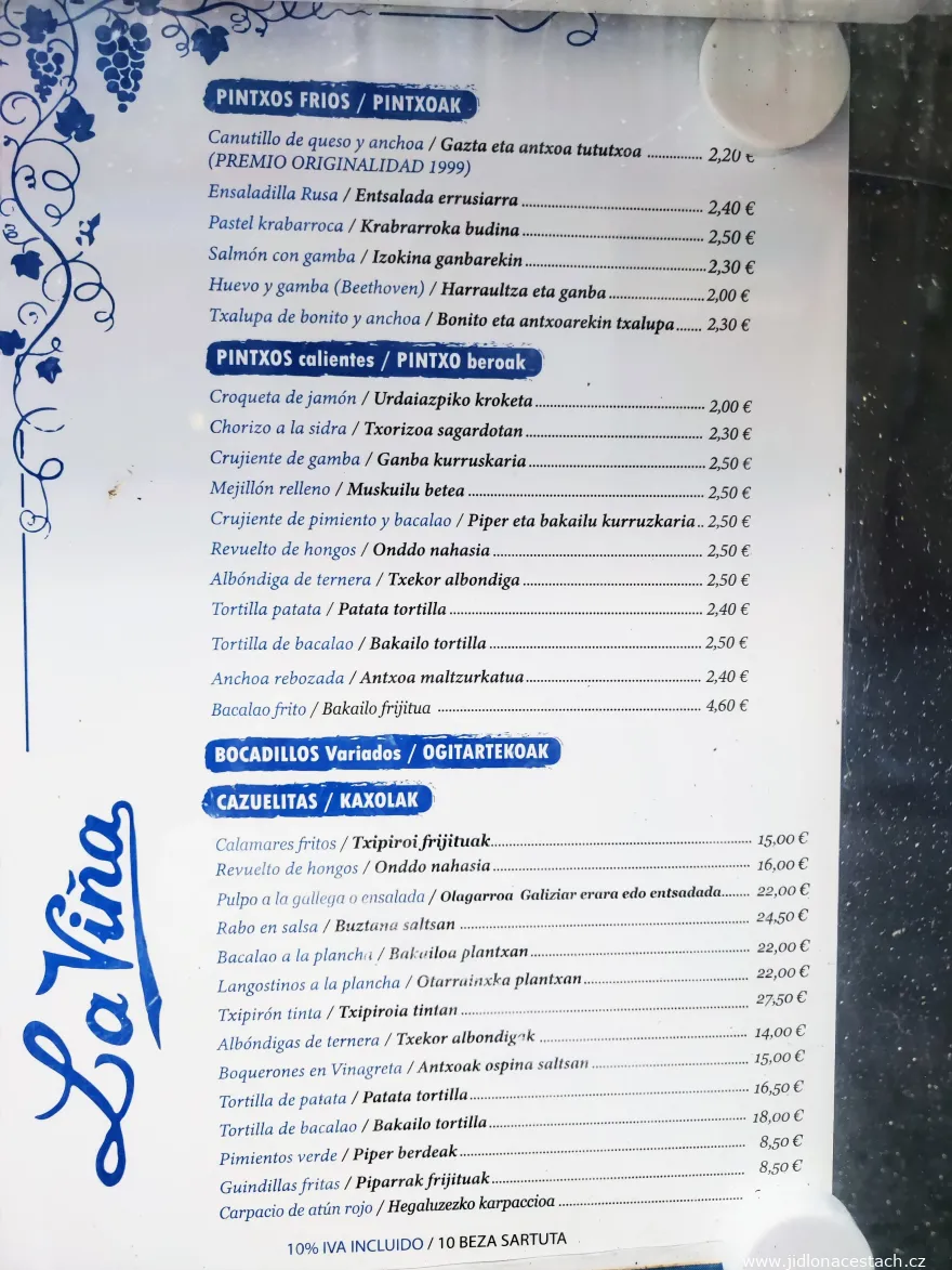 Další položky na menu v La Viña.