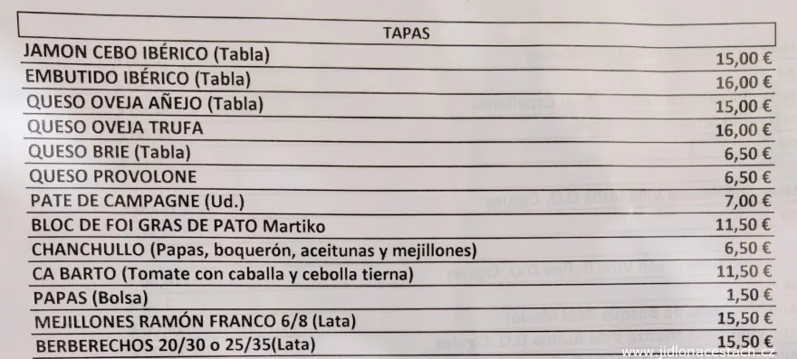 Španielske konzervy ako tapas na menu bežnej španielskej reštaurácie. Posledné dva riadky sú práve konzervy (slávky a srdcovky, ceny apríl 2024). Španielske konzervy ako tapas na menu bežnej španielskej reštaurácie. Posledné dva riadky sú práve konzervy (slávky a srdcovky, ceny apríl 2024).