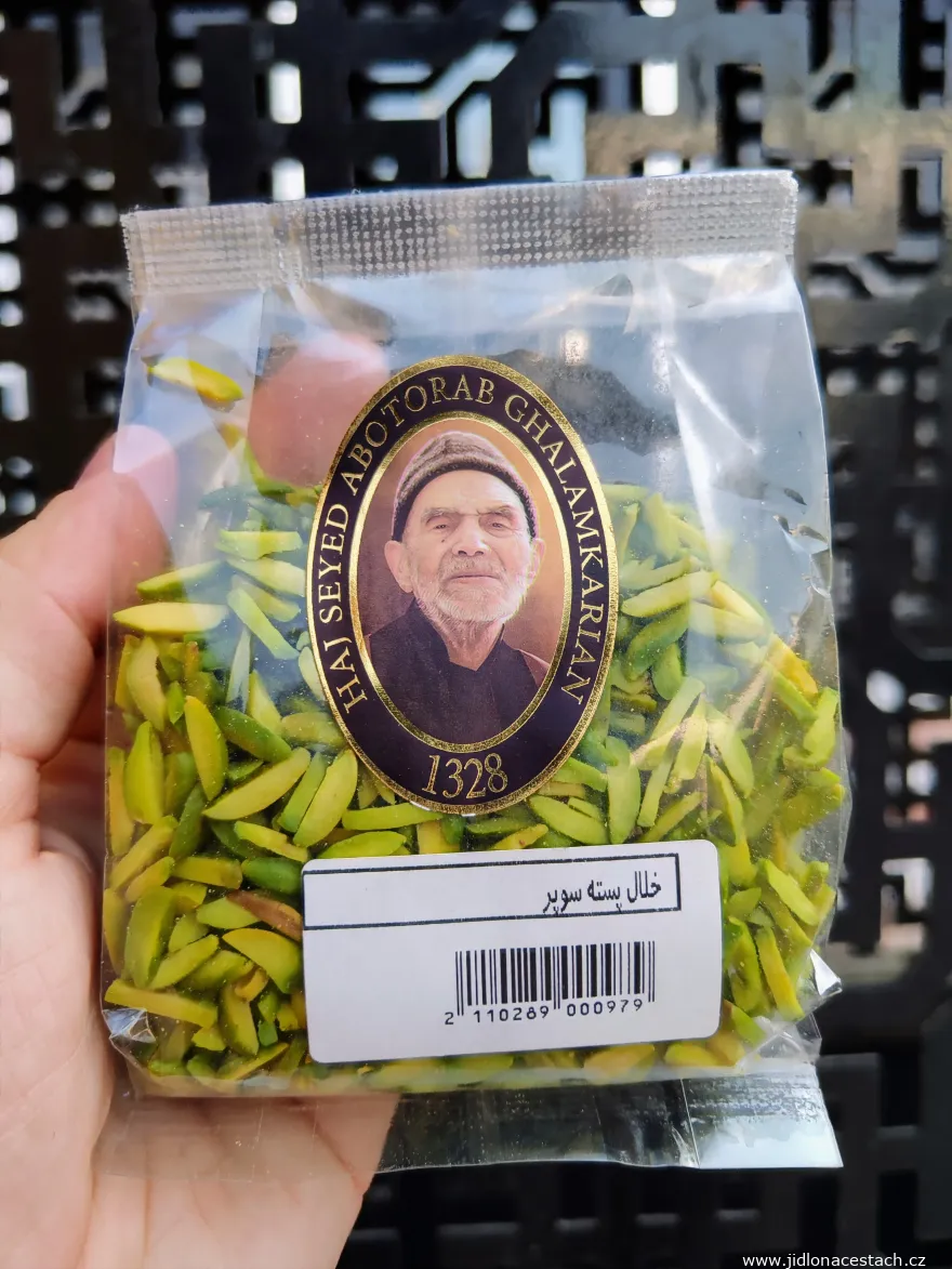 Shelled and chopped Iranian pistachios sold under the brand Haj Seyed Abotorab Ghalamkarian (established in 1949).