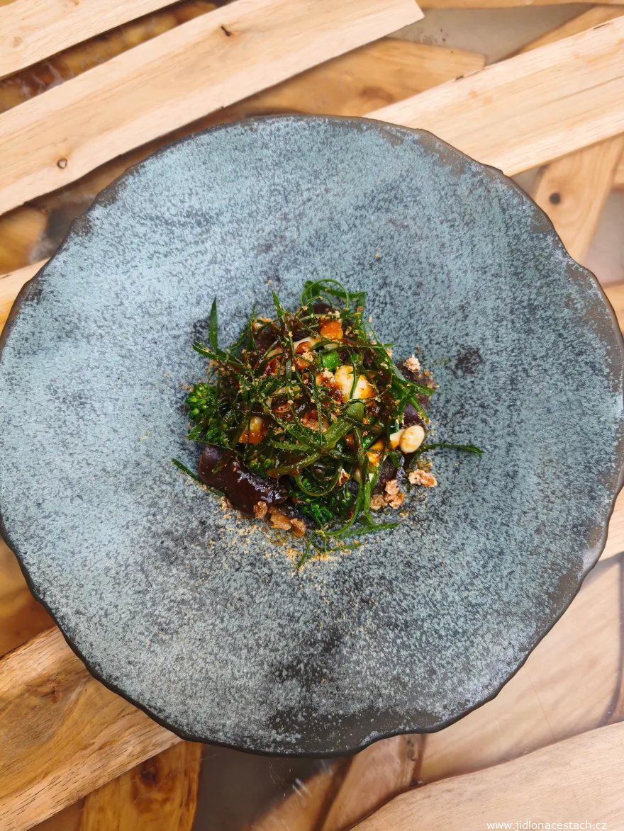 420 Restaurant, à la carte menu, starter: spicy venison (490 CZK/19.60 EUR). Venison loin marinated in juniper, fire-grilled, served with chimichurri sauce, pickled wild broccoli, pickled mushrooms with smoked celery, barley crumble, and spiced plum sauce.