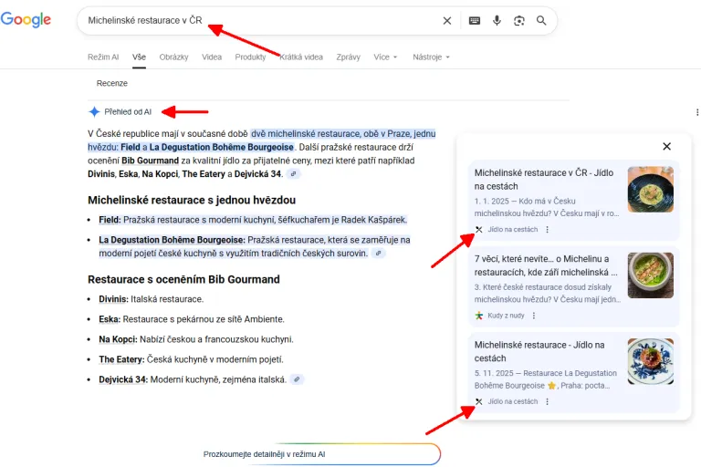 Použití mého webu jako primární podkladu pro Google AI Overviews (téma michelinské restaurace, konec listopadu 2025). Použití mého webu jako primární podkladu pro Google AI Overviews (téma michelinské restaurace, konec listopadu 2025).
