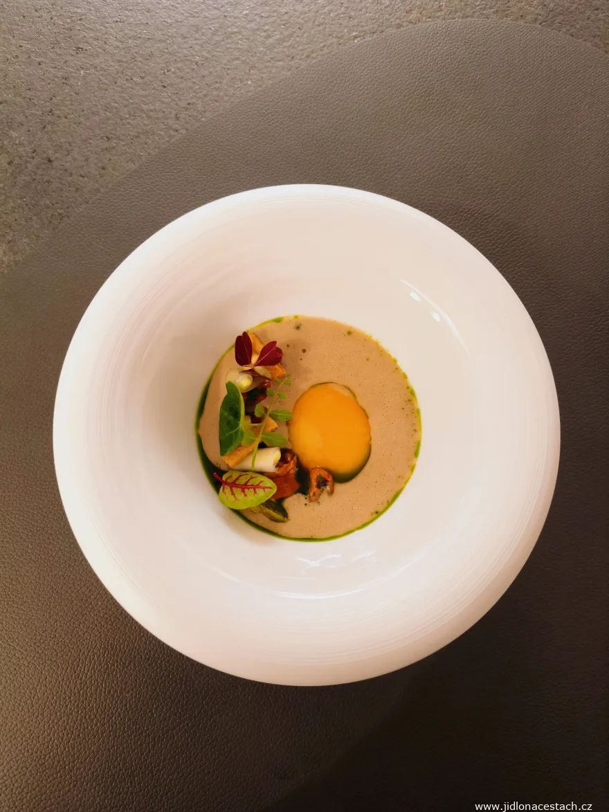 Papilio Restaurant: egg yolk, chanterelles, pattypan squash, herbs.