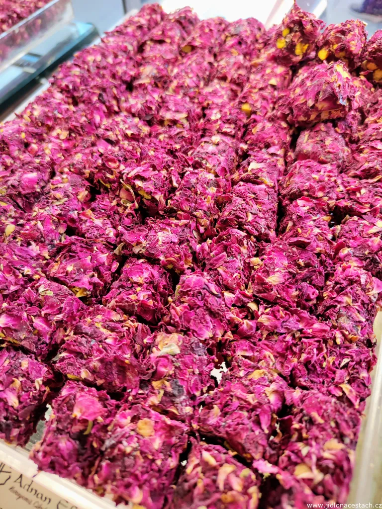 Lokum: Turkish jelly confection. Luxury variant with pistachios and rose petals.