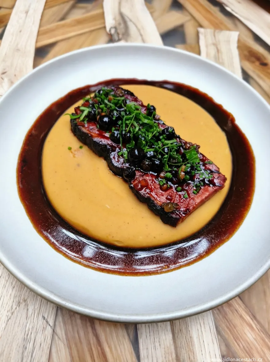 Restaurant 420, menu à la carte, plat principal : poitrine de bœuf fumée avec purée de pois cassés, aronia, jus de bœuf (520 CZK/20,80 EUR). Restaurant 420, menu à la carte, plat principal : poitrine de bœuf fumée avec purée de pois cassés, aronia, jus de bœuf (520 CZK/20,80 EUR).