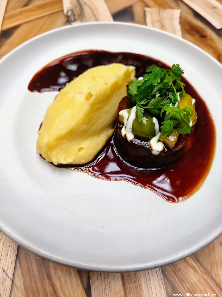 Restaurant 420, menu à la carte, plat principal : roulade d'agneau, choux de Bruxelles grillés, pommes de terre au babeurre, oignons grelots (490 CZK/19,60 EUR).