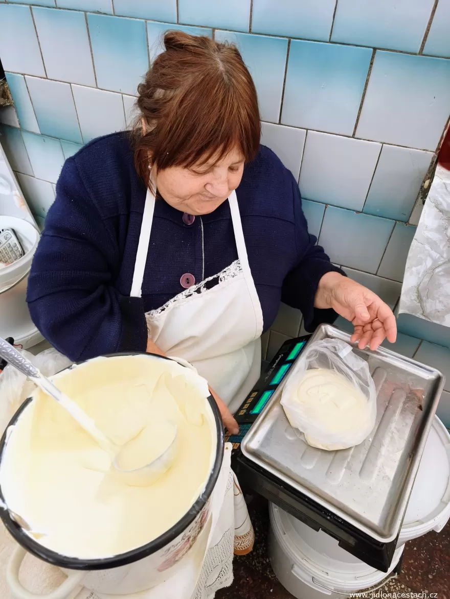 Piața Centrală: thick homemade sour cream weighed into a bag.