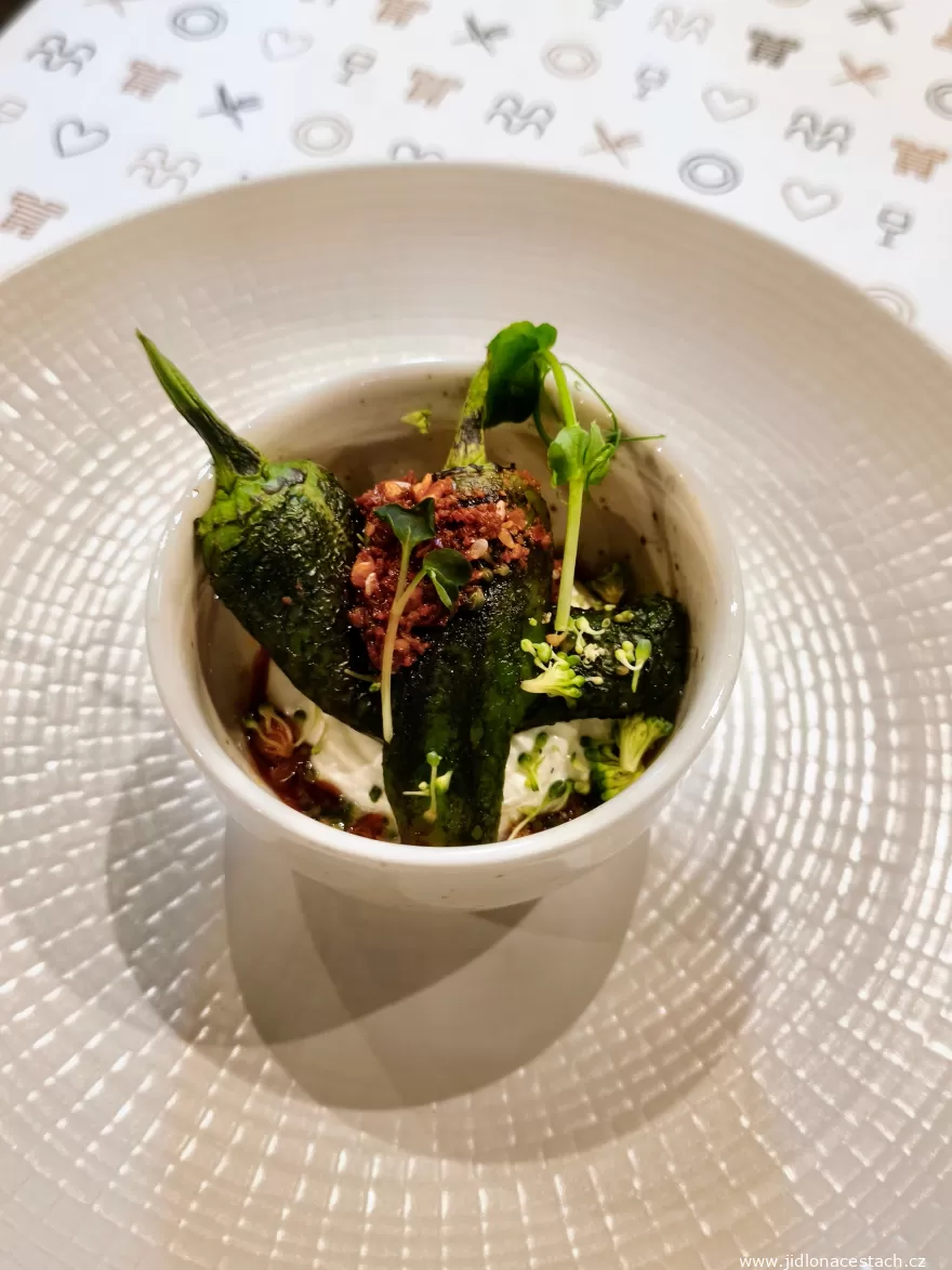Občanská plovárna: padrón peppers with labneh, broccoli and chili crunch.
