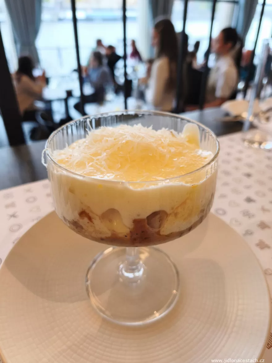 Občanská plovárna: egg in a glass with a porcini and chanterelle ragout and Parmesan foam. Občanská plovárna: egg in a glass with a porcini and chanterelle ragout and Parmesan foam.
