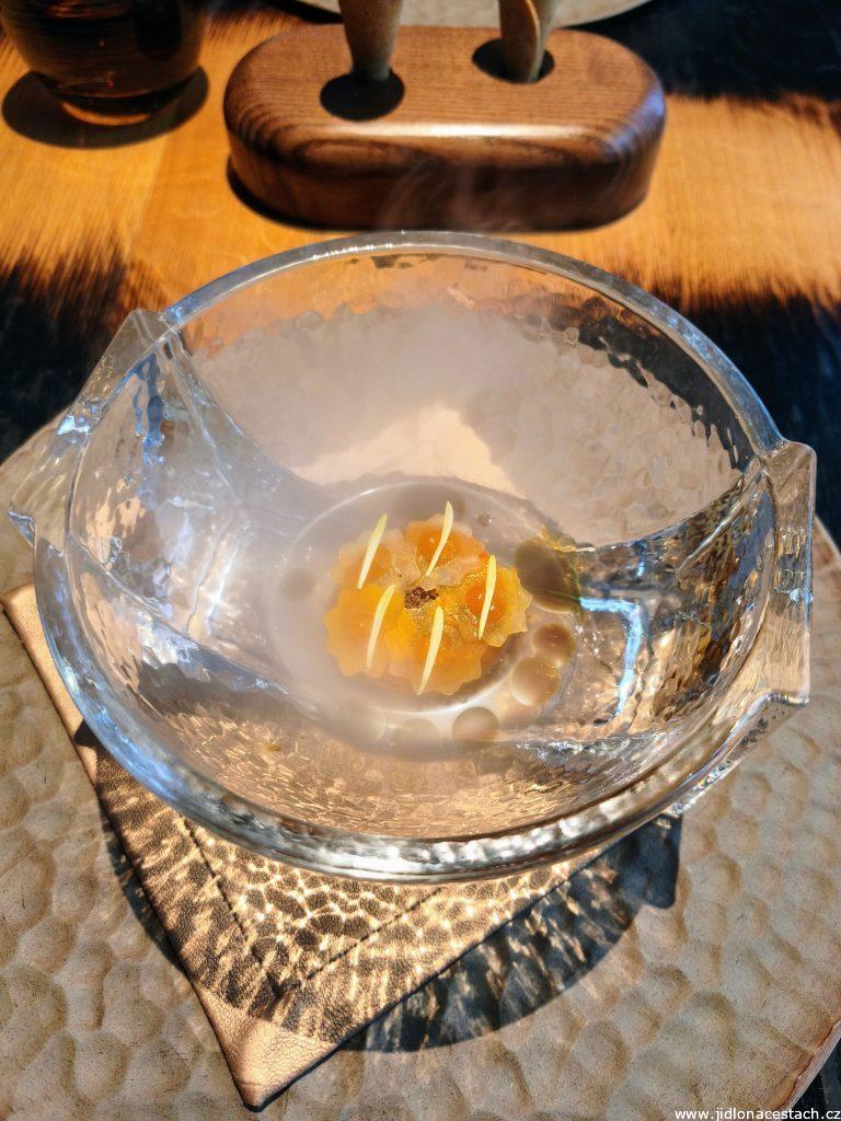 Field Restaurant: pumpkin jelly with marinated pumpkin, hazelnut praline, and pumpkin crumble. A Štramberk ear with pumpkin ice cream is also served with the dessert.