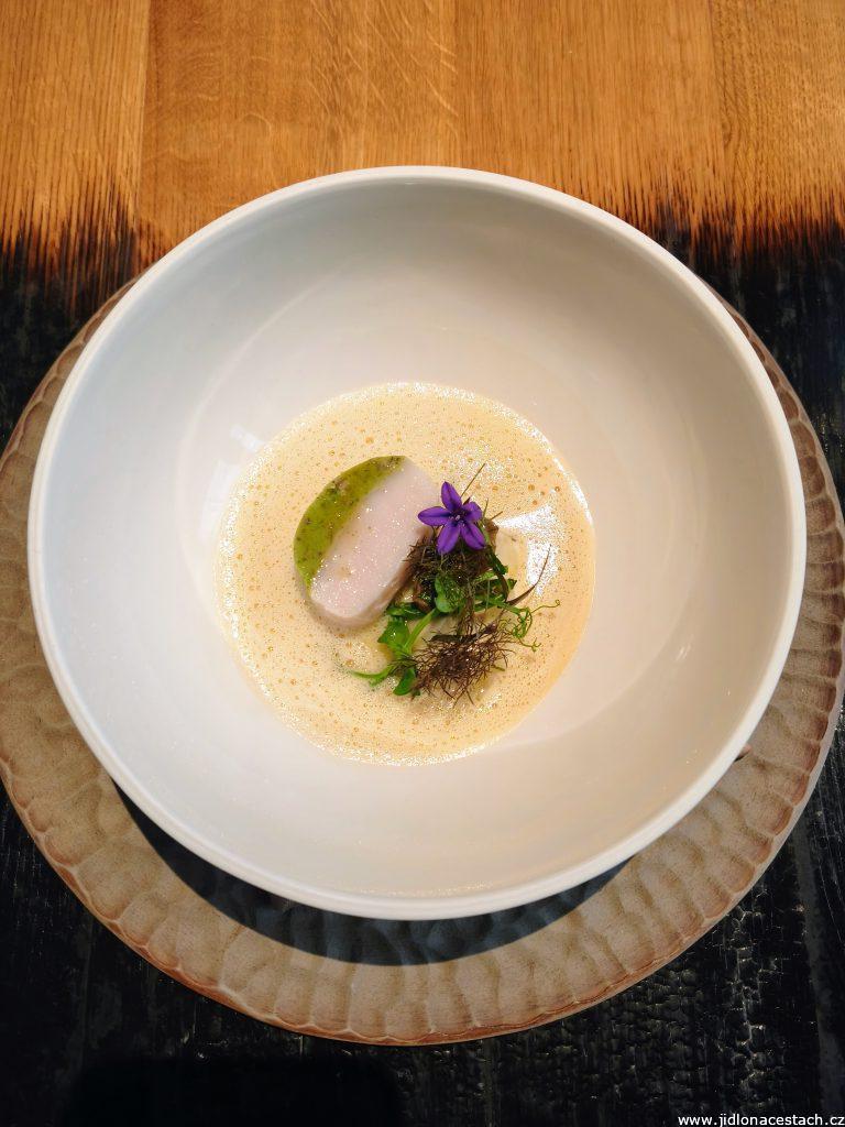 Field Restaurant: butter-poached sturgeon with fine farce with herb snails, creamed tripe, marinated fennel, and spiced dressing. Everything is finished with a light Noilly Prat vermouth foam.