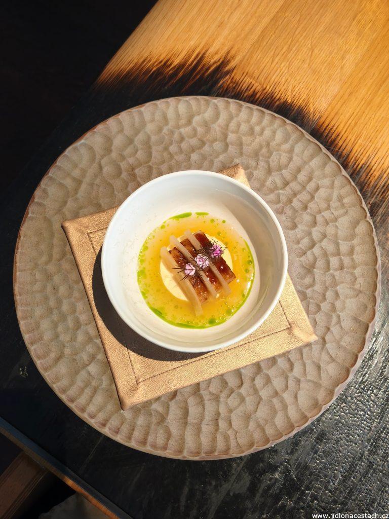 Field Restaurant: burnt smoked eel brushed with plum hoisin, quinces marinated in chamomile vinaigrette, quince purée, horseradish royale, quince juice, cucumber and plum vinegar, and smoked eel and dill oil.
