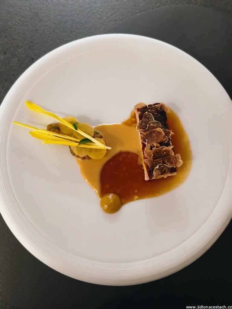 Papilio Restaurant: guinea fowl, yellow beet, corn, green beans. Papilio Restaurant: guinea fowl, yellow beet, corn, green beans.