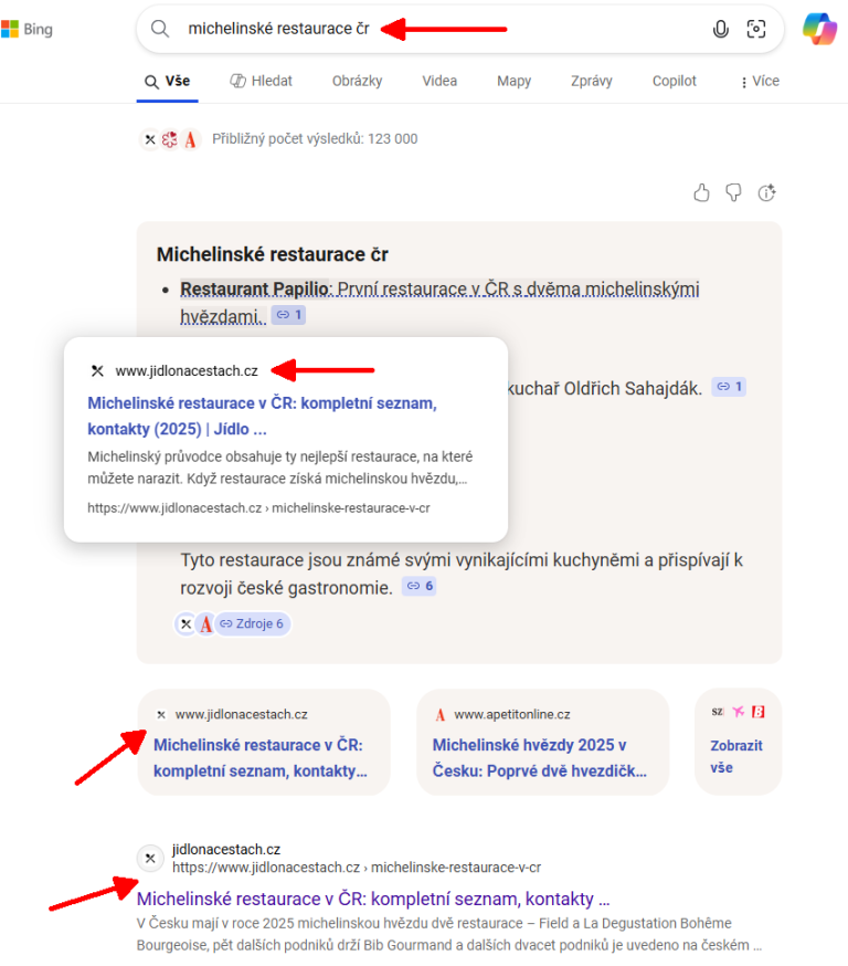 Use of my website as a primary source for AI summaries from Microsoft - Bing search engine, but also the Windows operating system and its MS Copilot (topic: Michelin restaurants, December 2025).